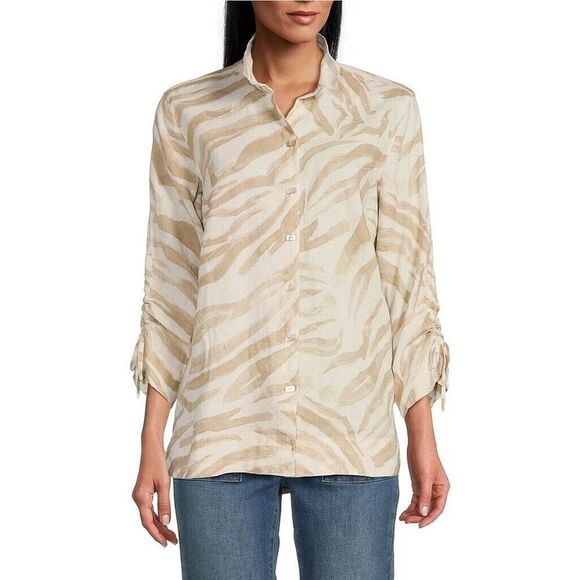 John Mark Women's Size 1X Zebra Print Button Up‎ Cinched Sleeve Shirt Top Linen - Picture 10 of 10